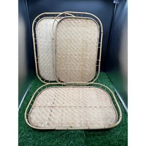 Vintage Bamboo Rattan Wicker Serving Trays MCM - Set of 3